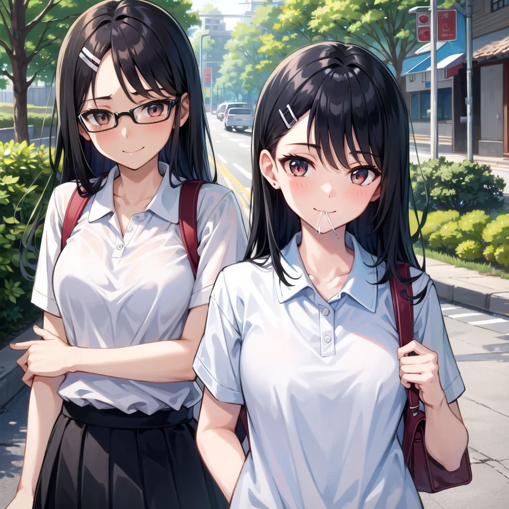 ((best quality)), ((masterpiece)), (detailed), 1girl, sexly((best quality)), ((masterpiece)), (detailed), 1girl, sexly((Highest quality)), ((masterpiece)), (detailed), One girl, whole body、Sexy expensive body, expensive, Long legs, mature female, mature, Adult, It is_nagatoro_main, nagatoro hayase, One girl, blush, alone, White polo shirt、 Black Hair, bag, Brown eyes, hair ornaments, View your viewers, Hair Clip, Outdoor, Backpack, smile, Long Hair, White shirt, Dark skinned women, Dark Skin, , bangs, Day, skirt, Collared shirt, clavicle, Ear Clip, Rolled up my sleeves, Mouth closed, wood, asymmetrical bangs, Upper Body