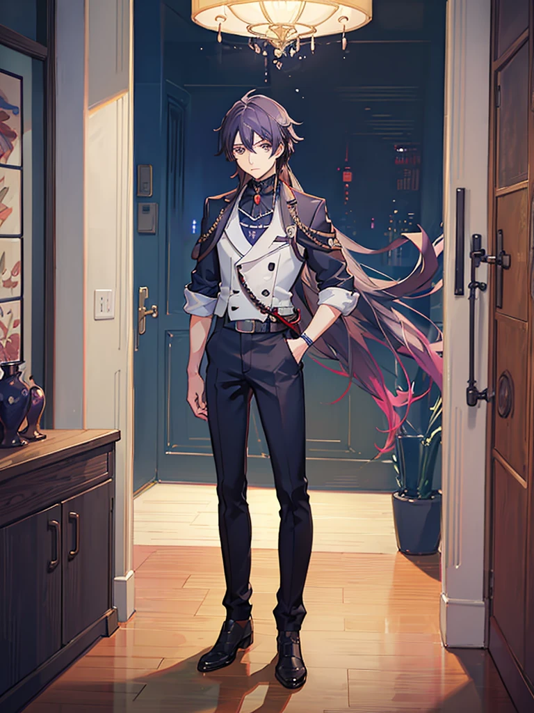 anime boy in standing in front of a door, anime visual of a cool boy, anime moe artstyle, cool anime boy, smooth anime cg art, jk uniform, hanayamata, noire moody scene, an anime boy, by Jin Homura, anime best boy, anime boy with long hair, kurumi date a live model