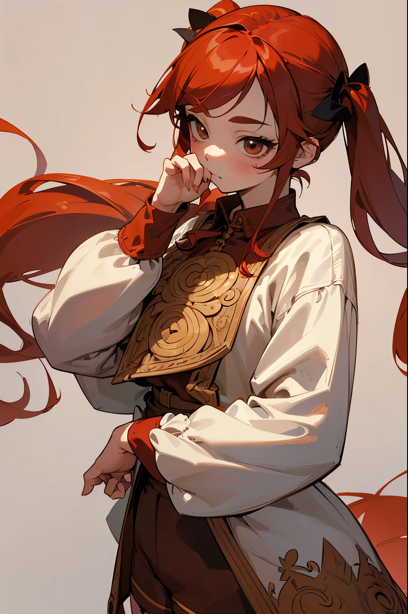 1GIRL, cute girl, finely detailed, (best quality), (intricate details), cute style, mage style, magician style, multicolored, dungeons and dragons style, ((long red hair in pigtails)), best quality, ((long sleeve shirt and shorts)), ((white and brown clothes)), ((round eyes)), beautiful face, cute face, pinup, perfect face, simple background portrait