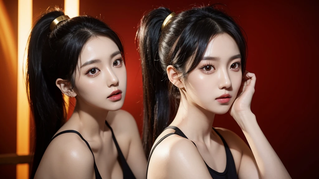 Kpop concept pictures. Red and gold lights background. Girl with black hair in a ponytail posing