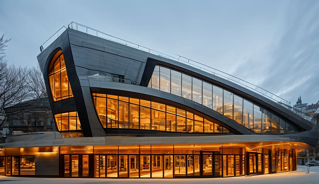 (coffee-house), style mordern, Zaha Hadid architer, inspired of Norman Forster, glass with steel frame facade, 5 stars hotel design, beautiful landscape, stone pavement,cars, RAW photo, 8k uhd, dslr, soft lighting, high quality, film grain, Fujifilm XT3,masterpiece,