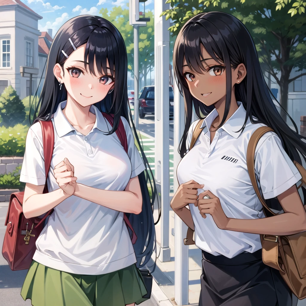 ((best quality)), ((masterpiece)), (detailed), 1girl, sexly((best quality)), ((masterpiece)), (detailed), 1girl, sexly((Highest quality)), ((masterpiece)), (detailed), One girl, whole body、Sexy expensive body, expensive, Long legs, mature female, mature, Adult, It is_nagatoro_main, nagatoro hayase, One girl, blush, alone, White polo shirt、 Black Hair, bag, Brown eyes, hair ornaments, View your viewers, Hair Clip, Outdoor, Backpack, smile, Long Hair, White shirt, Dark skinned women, Dark Skin, , bangs, Day, skirt, Collared shirt, clavicle, Ear Clip, Rolled up my sleeves, Mouth closed, wood, asymmetrical bangs, Upper Body