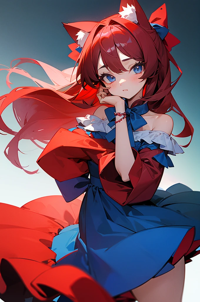 13 years old cute girl，Red long-haired，Off-the-shoulder short-sleeved dress，There are bows on the hair，There are cat ears behind the bow，Wear the bracelet with both hands，The eyes are royal blue
