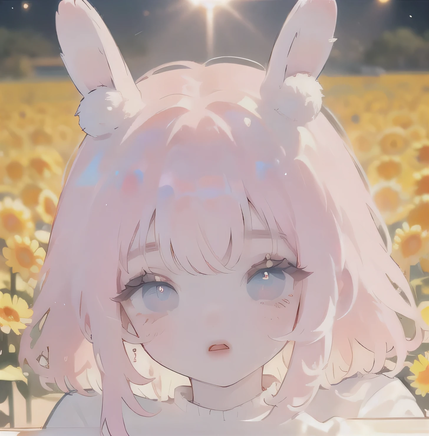 (High quality) (best quality) (A woman) (correct physiognomy) (perfect pupils) (perfect eyes) woman, deep pink hair, long and fluffy, two bunny ears coming out of her head, eyes of color blue, sensitive lips, feminine appearance, soft facial features, thin eyebrows, soft skin, rosy cheeks, rosy lips, silky eyelashes, dreamy expression, middle age, youthful clothing, sweatshirt with print of sheep, photo illuminated by sunlight, woman in a field of sunflowers