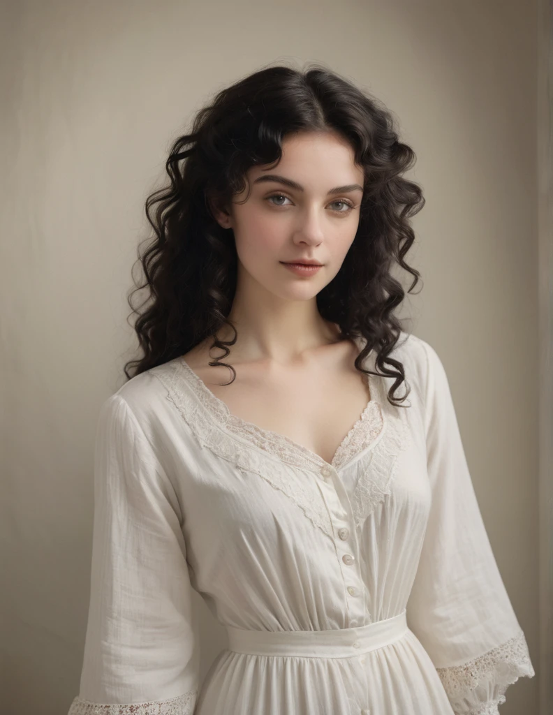 A young white slim woman with soft black loose medium length curly hair wearing white victorians night clothes