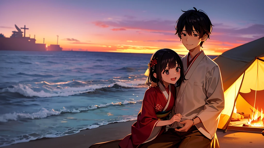 boyfriend and girlfriend dating around the campfire in the beach, hut in the right side of the picture, using tradicional japanese costume, close-up shot, hidden hands, best quality, sunset, no errors, girl is laughing and the boy is smiling, they both are 