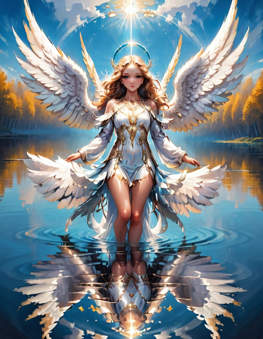 a picture of a female angel flying over a lake ((the angel's reflection mirrored perfectly in the lake: 1.5)), full body shot, a beautiful female angel, divine beauty angel, ((ultra detailed face: 1.5)), (best detailed face: 1.5), dynamic eye color, dynamic hair color, dynamic hair style, intense gaze, wearing dynamic clothing, hovering over a lake, (white angelic wings spread: 1.3), (((a perfect reflection of the angel seen in the lake: 1.5))) vibrant, Ultra-high resolution, High Contrast, masterpiece:1.2, highest quality, Best aesthetics), best details, best quality, highres, ultra wide angle, 16k, [ultra detailed], masterpiece, best quality, (extremely detailed), 