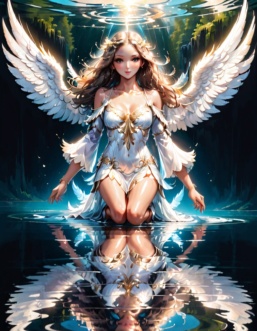 a picture of a female angel flying over a lake ((the angel's reflection mirrored perfectly in the lake: 1.5)), full body shot, a beautiful female angel, divine beauty angel, ((ultra detailed face: 1.5)), (best detailed face: 1.5), dynamic eye color, dynamic hair color, dynamic hair style, intense gaze, wearing dynamic clothing, hovering over a lake, (white angelic wings spread: 1.3), (((a perfect reflection of the angel seen in the lake: 1.5))) vibrant, Ultra-high resolution, High Contrast, masterpiece:1.2, highest quality, Best aesthetics), best details, best quality, highres, ultra wide angle, 16k, [ultra detailed], masterpiece, best quality, (extremely detailed), 