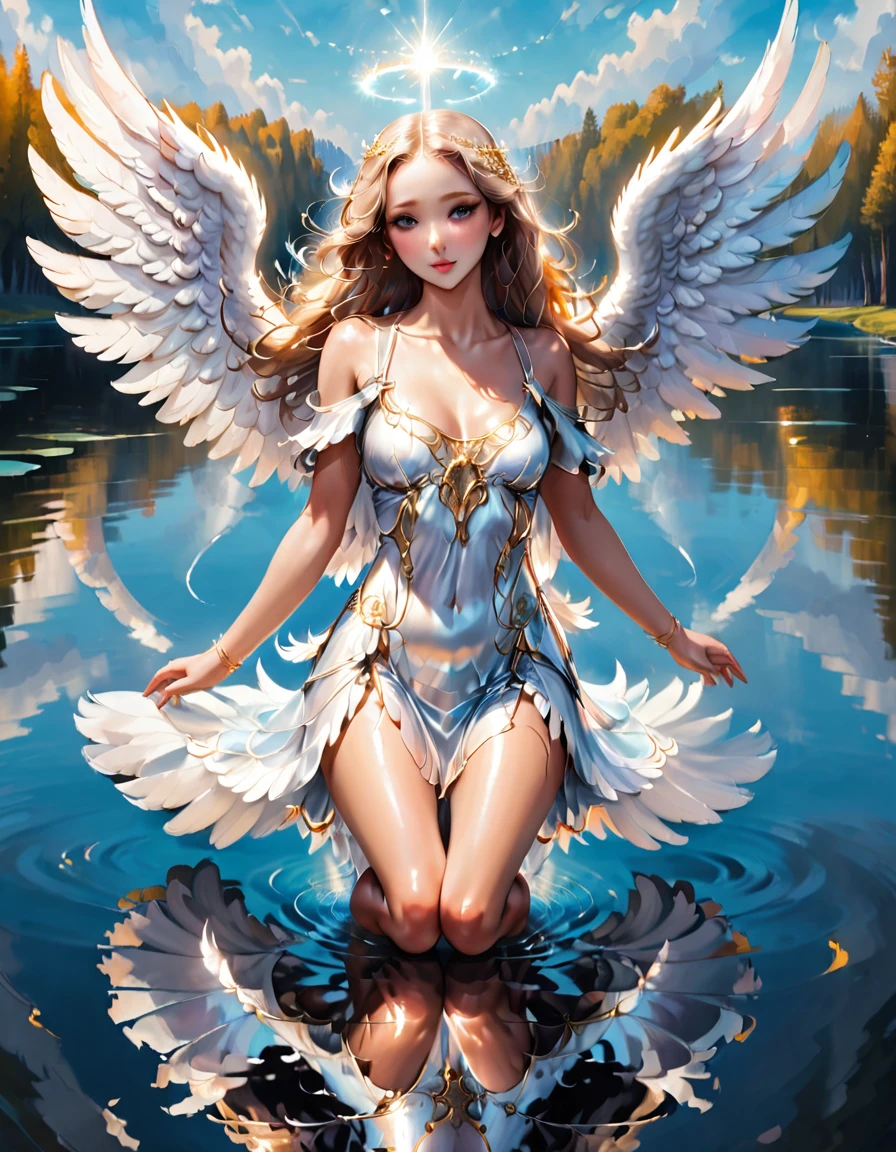a picture of a female angel flying over a lake ((the angel's reflection mirrored perfectly in the lake: 1.5)), full body shot, a beautiful female angel, divine beauty angel, ((ultra detailed face: 1.5)), (best detailed face: 1.5), dynamic eye color, dynamic hair color, dynamic hair style, intense gaze, wearing dynamic clothing, hovering over a lake, (white angelic wings spread: 1.3), (((a perfect reflection of the angel seen in the lake: 1.5))) vibrant, Ultra-high resolution, High Contrast, masterpiece:1.2, highest quality, Best aesthetics), best details, best quality, highres, ultra wide angle, 16k, [ultra detailed], masterpiece, best quality, (extremely detailed), 