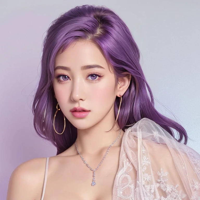 Masterpiece, Ultra realistic, 16K, Dreamy atmosphere, r3b3cc4 young, Sensual (Erotic), 1 girl (cute young) alone, delicate (seductive) female face, silky purple hair, looking at viewer, realistic clear eyes, hair with gradient colors , simple background, white background, jewelry, earrings, necklace, young beauty, portrait, hoop earrings, realistic, soft lighting, professional photography, photorealistic, detailed eyes, muscular female body, defined muscles, delicate feminine, large natural breasts, belly hot, proportional narrow waist, proportionally big hips, thick legs, beautiful, nude, different sensual positions, raw, analog, sharp focus, 8K, high definition, dslr, high quality, Fujifilm XT3, Film grain, award winning, artwork  