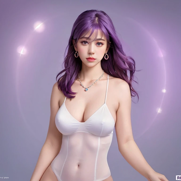 Masterpiece, Ultra realistic, 16K, Dreamy atmosphere, r3b3cc4 young, Sensual (Erotic), 1 girl (cute young) alone, delicate (seductive) female face, silky purple hair, looking at viewer, realistic clear eyes, hair with gradient colors , simple background, white background, jewelry, earrings, necklace, young beauty, portrait, hoop earrings, realistic, soft lighting, professional photography, photorealistic, detailed eyes, muscular female body, defined muscles, delicate feminine, large natural breasts, belly hot, proportional narrow waist, proportionally big hips, thick legs, beautiful, nude, different sensual positions, raw, analog, sharp focus, 8K, high definition, dslr, high quality, Fujifilm XT3, Film grain, award winning, artwork  