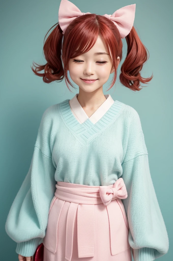 Japanese anime style cute  Character Details Hair: Short and red, with a bow or small cute accessory. It will be a character from a brand's logo, so make her hand centered in the image showing the knitting roll, with her eyes closed happily. Art: Flashy Japanese propaganda style. Clothing: A traditional Japanese outfit or something knitting-related, like a cute sweater. Facial Expression: Cheerful and friendly, with big eyes Colors: Soft, pastel tones, such as light pink, baby blue, or mint green.