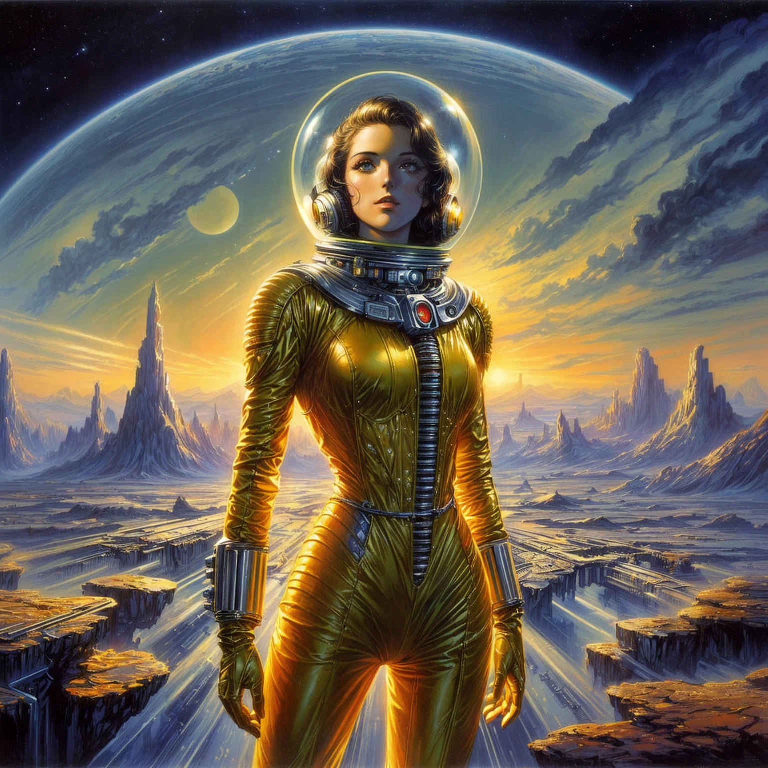 a woman in a spacesuit with a gun in front of a planet, Stil von Jim Burns, Retro-Science-Fiction-Kunst, cyborg goddess in cosmos, Greg Beeple, Vintage Science-Fiction-Kunst, 7 0 s Sci-Fi-Kunst, Frank Kelly Freas, 1 9 8 0 s Retro-Science-Fiction-Kunst