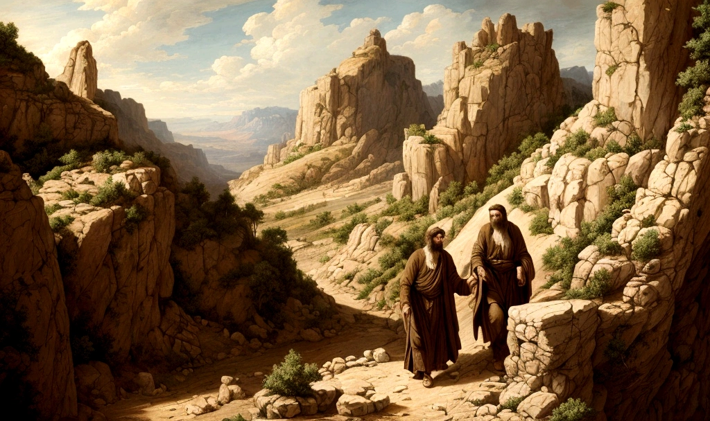 A hyper-realistic scene of Abraham and his son Isaac climbing a rugged mountain path. The atmosphere is dramatic, emphasizing the test of faith and their determined expressions