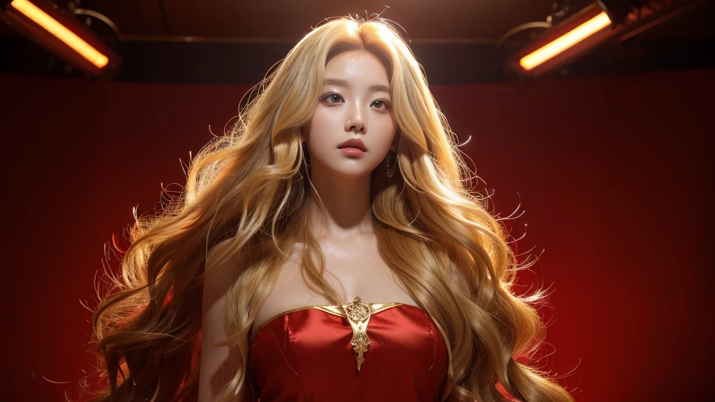 Kpop concept pictures. Red and gold lights background. Girl with long blonde wavy hair poses like a goddess