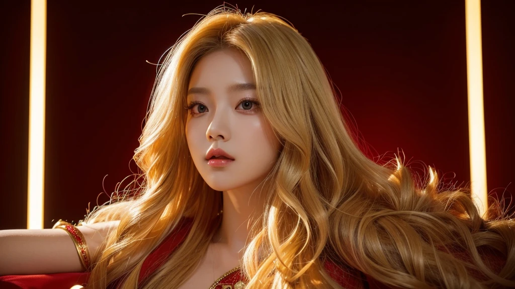 Kpop concept pictures. Red and gold lights background. Girl with long blonde wavy hair poses like a goddess