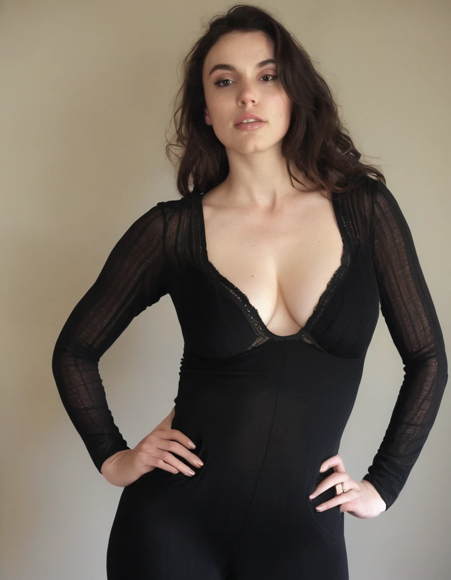 photo de portrait de femme Grccrlncrry, En regardant la caméra, Tenue de lingerie noire aux gros seins, silhouette tout en courbes, Gros seins, très détaillé, Texture de la peau, 25 ans, de type caucasienne. 