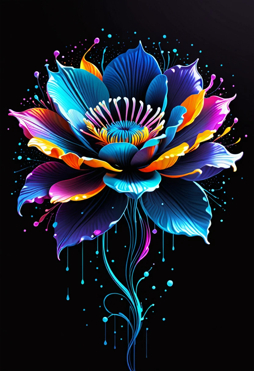 A sophisticated and innovative t-shirt design featuring a blooming flower with digitally altered details. The flower petals should seamlessly blend with pixelated elements and glitch effects, symbolizing the fusion of nature and technology. The background of the shirt is neutral (white, black, or dark gray) to highlight the vibrant colors of the flower. Surround the flower with a soft glow of gradient colors transitioning from natural greens and blues to vibrant neons. Add fine metallic geometric lines interwoven with the main design, giving a touch of elegance and sophistication. Include a small, minimalist "Éclat" signature at the lower right corner of the design, accompanied by a tiny digital icon. Ensure the design is detailed and visually captivating, suitable for a high-quality, modern, and slightly fitted t-shirt made from organic cotton with a touch of elastane.