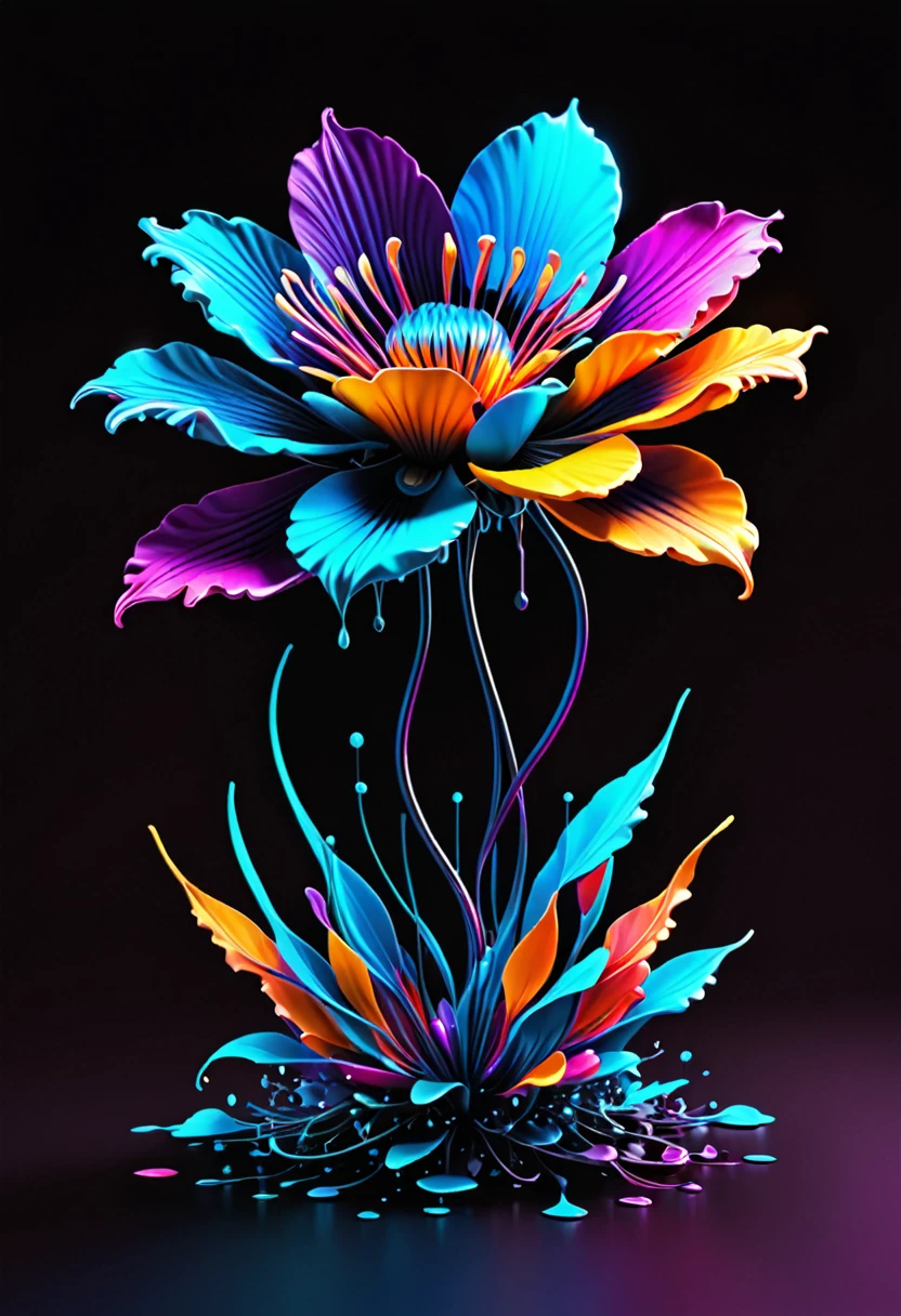 A sophisticated and innovative t-shirt design featuring a blooming flower with digitally altered details. The flower petals should seamlessly blend with pixelated elements and glitch effects, symbolizing the fusion of nature and technology. The background of the shirt is neutral (white, black, or dark gray) to highlight the vibrant colors of the flower. Surround the flower with a soft glow of gradient colors transitioning from natural greens and blues to vibrant neons. Add fine metallic geometric lines interwoven with the main design, giving a touch of elegance and sophistication. Include a small, minimalist "Éclat" signature at the lower right corner of the design, accompanied by a tiny digital icon. Ensure the design is detailed and visually captivating, suitable for a high-quality, modern, and slightly fitted t-shirt made from organic cotton with a touch of elastane.