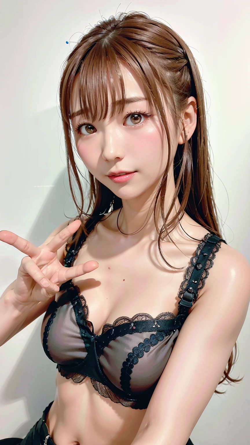 Highest quality, Realistic, Perfect Human Anatomy, Very detailed, Very delicate and beautiful, Raw photo, Professional Lighting, Illumination, Depth of written boundary, Single focus, whole body, Skinny Japanese woman, 30-year-old woman, Brown Hair, Small Head, Beautiful Eyes, True Face, Realistic skin, Fine grain, Black lace bra, Black lace panties,long hair