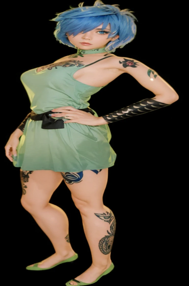A fair-skinned girl with short blue-colored hair, wearing a short green dress and tattoos on her body