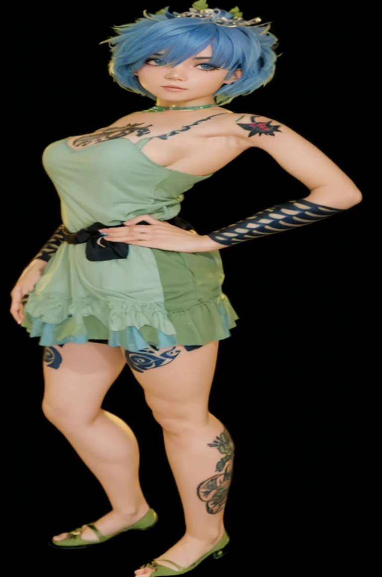 A fair-skinned girl with short blue-colored hair, wearing a short green dress and tattoos on her body
