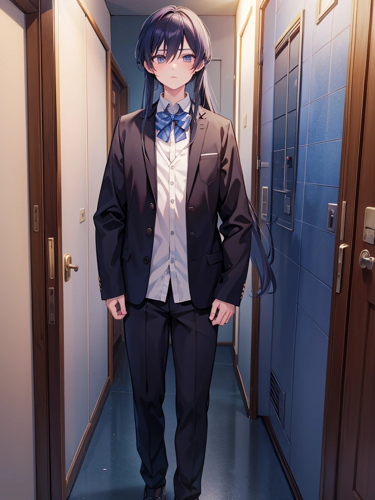 anime boy in standing in front of a door, anime visual of a cool boy, anime moe artstyle, cool anime boy, smooth anime cg art, jk uniform, hanayamata, noire moody scene, an anime boy, by Jin Homura, anime best boy, anime boy with long hair,