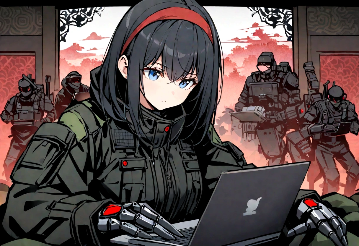 (Best quality), Oriental detailed background, Science fiction,Mechanical arms, Girl commands a robot army with her laptop, (laptop screen uses Linux) blue eyes, black hair, red hairband, War,  techwear outfits, army suit