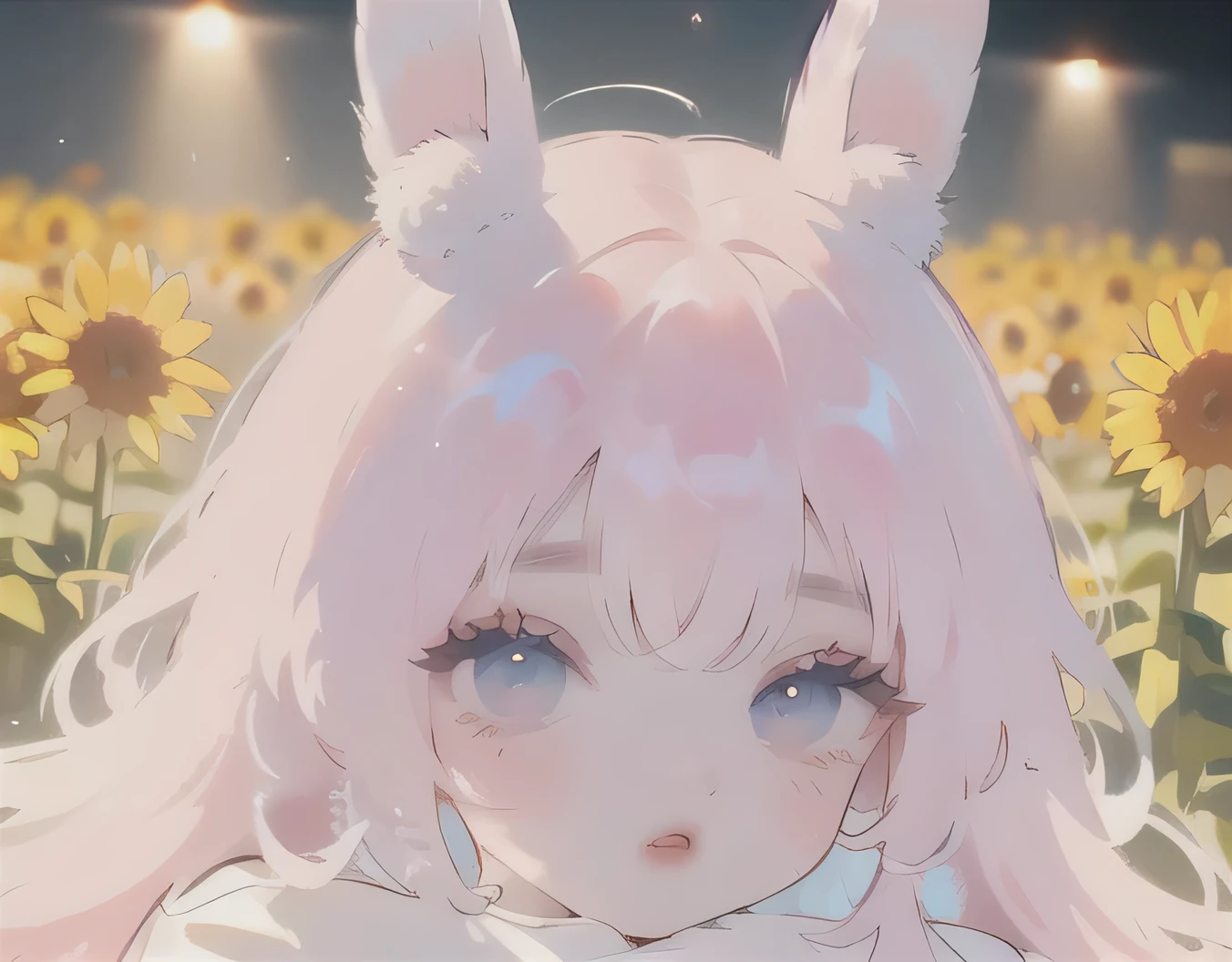 (High quality) (best quality) (A woman) (correct physiognomy) (perfect pupils) (perfect eyes) anime woman, deep pink hair, long and fluffy, two bunny ears coming out of her head, eyes of color blue, sensitive lips, feminine appearance, soft facial features, thin eyebrows, soft skin, rosy cheeks, rosy lips, silky eyelashes, dreamy expression, middle age, youthful clothing, sweatshirt with print of sheep, photo illuminated by sunlight, woman in a field of sunflowers