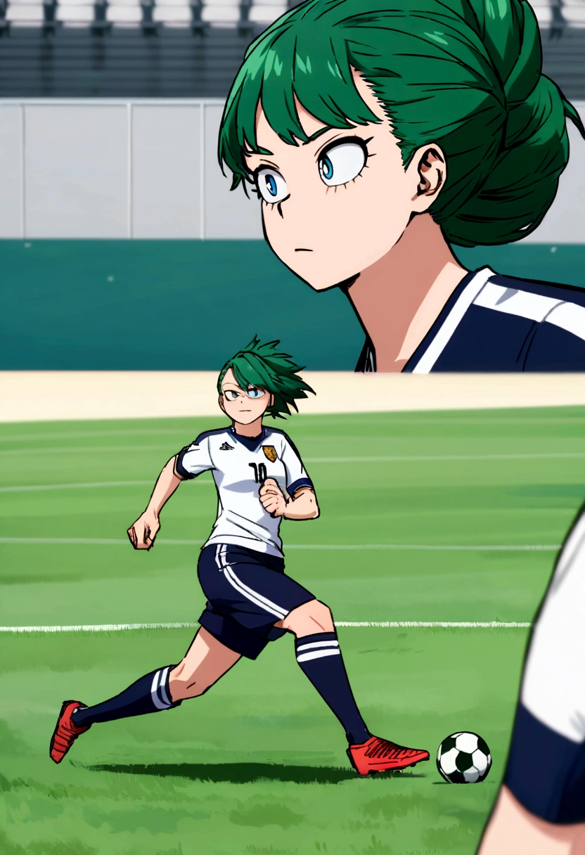 Screenshot of boku no hero academia , beautiful girl.with strong green hair. blue eyes , is playing soccer football. He's about to score a goal