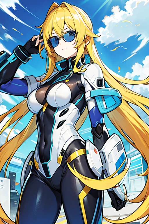 Robot woman, long yellow hair, blue eyes, Sunglasses
