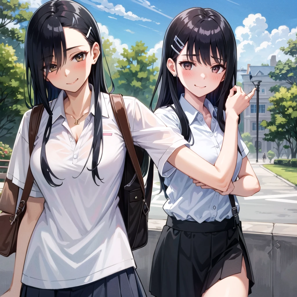 ((best quality)), ((masterpiece)), (detailed), 1girl, sexly((best quality)), ((masterpiece)), (detailed), 1girl, sexly((Highest quality)), ((masterpiece)), (detailed), One girl, whole body、Sexy expensive body, expensive, Long legs, mature female, mature, Adult, It is_nagatoro_main, nagatoro hayase, One girl, blush, alone, White polo shirt、 Black Hair, bag, Brown eyes, hair ornaments, View your viewers, Hair Clip, Outdoor, Backpack, smile, Long Hair, White shirt, Dark skinned women, Dark Skin, , bangs, Day, skirt, Collared shirt, clavicle, Ear Clip, Rolled up my sleeves, Mouth closed, wood, asymmetrical bangs, Upper Body