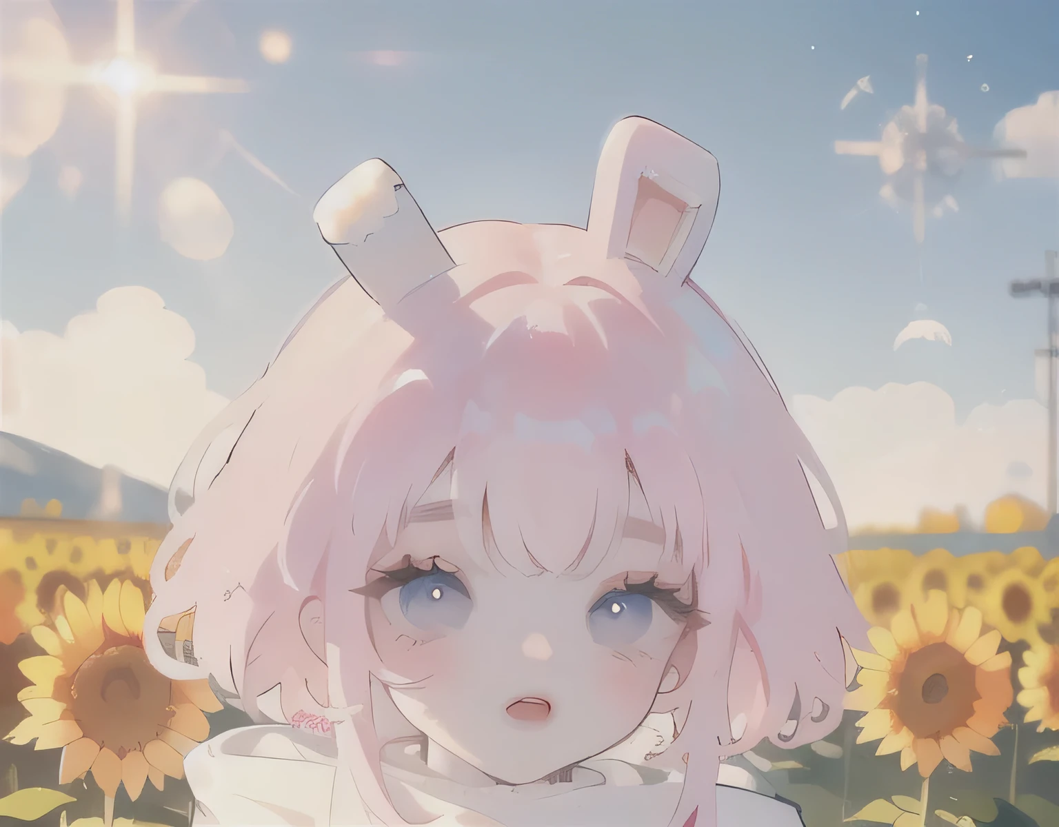 (High quality) (best quality) (A woman) (correct physiognomy) (perfect pupils) (perfect eyes) anime woman, deep pink hair, long and fluffy, two bunny ears coming out of her head, eyes of  color blue, sensitive lips, feminine appearance, soft facial features, thin eyebrows, soft skin, rosy cheeks, rosy lips, silky eyelashes, dreamy expression, middle age, youthful clothing, sweatshirt with print of sheep, photo illuminated by sunlight, woman in a field of sunflowers