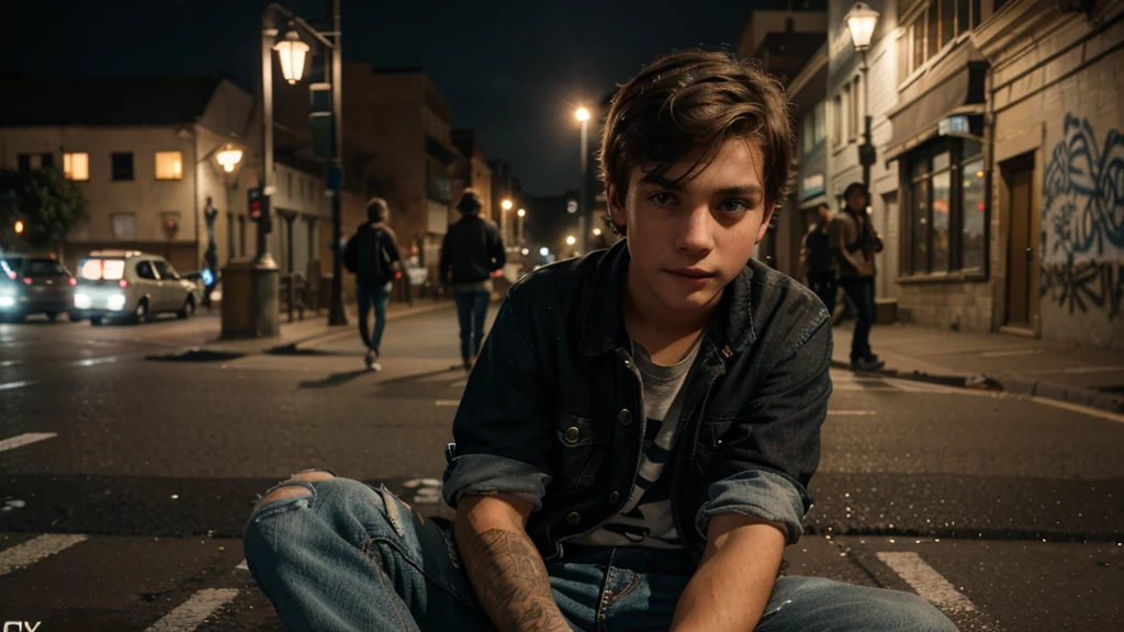 a boy playing on the street with his friends, detailed facial features, beautiful eyes, playing with a glass bottle, ripped jeans, street lamps, graffiti on the walls, cinematic lighting, warm color tones, realistic, detailed, 8k, photorealistic