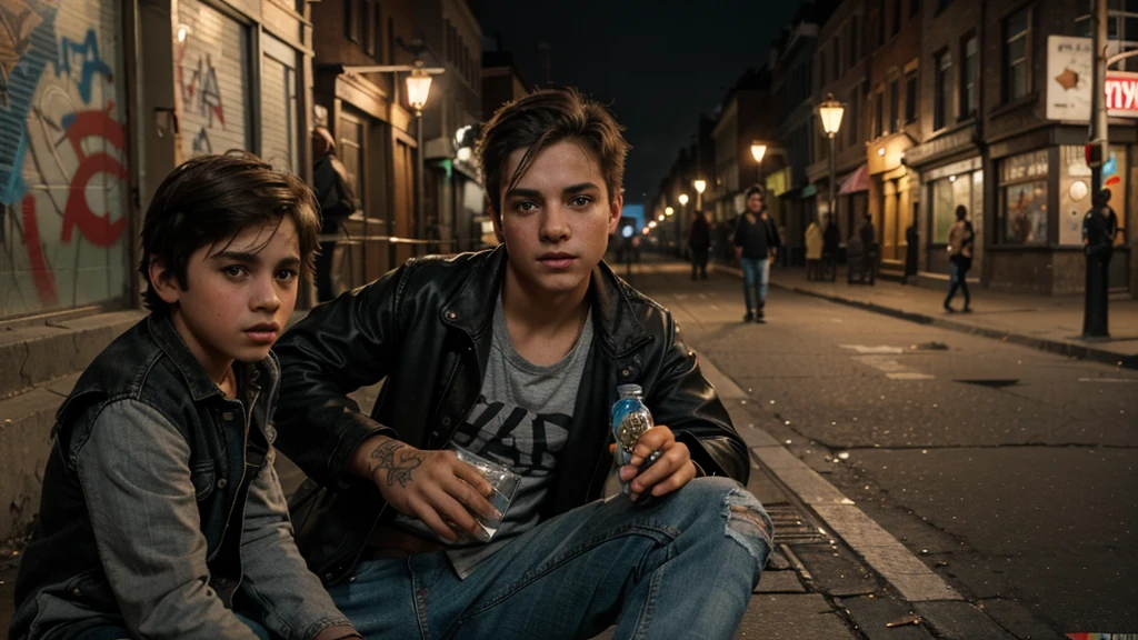 a boy playing on the street with his friends, detailed facial features, beautiful eyes, playing with a glass bottle, ripped jeans, street lamps, graffiti on the walls, cinematic lighting, warm color tones, realistic, detailed, 8k, photorealistic