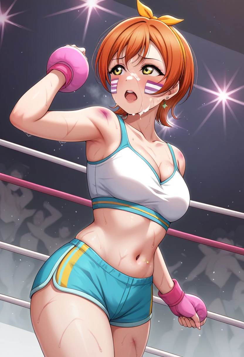 Masterpiece, sksrin, beautiful , facial details, 8k wallpaper, Rin Hoshizora Love Live, short hair, white gym bra, micro shorts , wrestling outfit,(lipstick:0.8), (face paint), defeated, beaten up, moist skin,thin waist ,short girl, skindentation , looking away, swelling bruises in face 