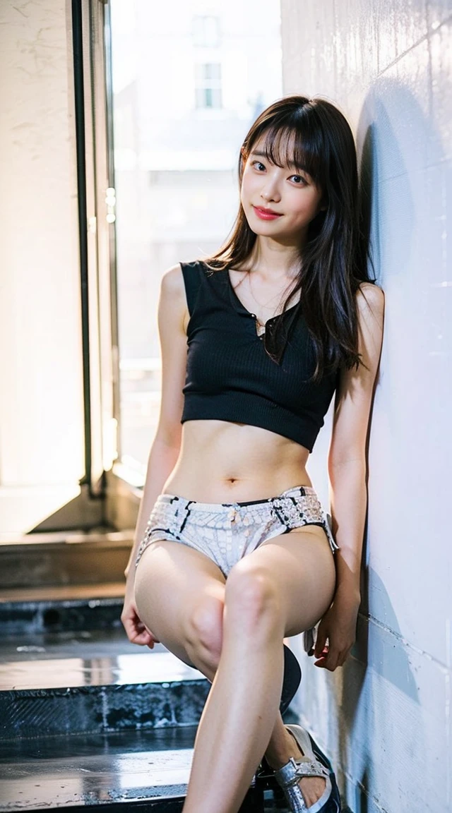 (Small Tits), (18-year-old), (very small head), dawn, sunlight, (Perfect body:1.1), (8K), (Very delicate and beautiful), (Highest quality:1.0), (Realistic), Realistic Shadows, (High resolution:1.0), Detailed skin, Very detailed, the body is slim, (Beautiful Hair, Real Hair, Thinning hair), blush, Realistic, Realistic Face, Realistic eyes, Small eyes, smile, (eyeliner), (mascara), (eye shadow), whole body、Open leg pose、Nipples、naked、Thick pubic hair、ponytail
