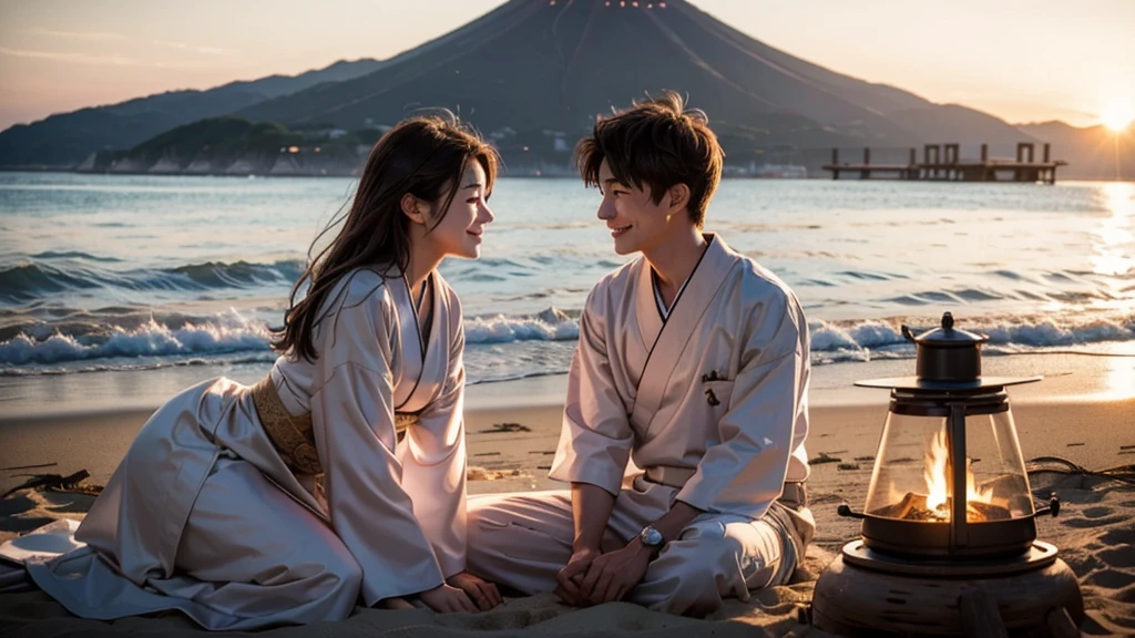 boyfriend and girlfriend dating around the campfire in the beach, hut in the right side of the picture, using tradicional japanese costume, close-up shot, hidden hands, best quality, sunset, no errors, the woman and the man are smiling, they both are 25 years old