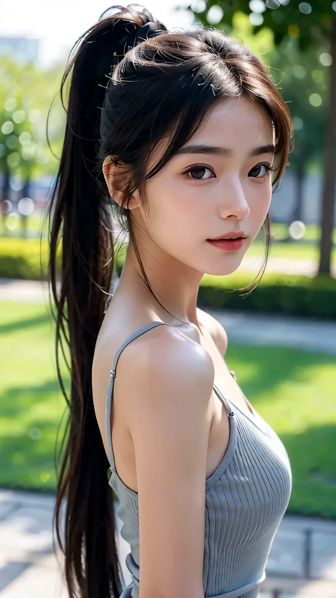 dress,outdoors,Urban Park,On the lawn,One woman,close up face,fully body photo,masutepiece, The highest image quality, High quality, the background is clear,Beautiful woman, Japanese, Detailed, Ultra-detailed, finely detail, hight resolution, 8K Wallpaper, Perfect dynamic composition, Beautiful detailed eyes ,Detailed eyes, Detailed skin, Beautiful skin, 超hight resolution, (reality: 1.4),Very beautiful woman, Slightly younger face, Beautiful skin, slender, (Ultra photo realsisim), (hight resolution), (8K), (Very detailed) (beautifully detailed eyes), (super detailed), (Detailed face), view the viewer, Fine details, Detailed face, Staring straight ahead, Staring straight ahead, photos realistic, Bright lighting, Professional Lighting, Black hair,poneyTail,a baby face,sixteen years old,Hairstyle: ponytail,Long ponytail hairstyle,slight smile,