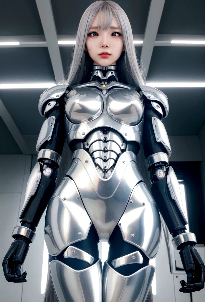 female cyborg, cum in pussy, silver metal robot body, from below, metallic skin, metal body, anime, long hair,