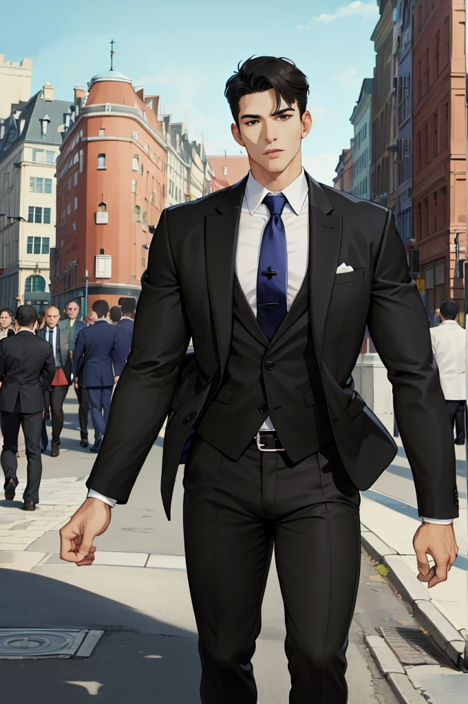 (absurderes, high resolution, ultra detaild, realisitic, ), 1 men, standing alone, grown-up, mellow, tall and muscular guy, broadshouldered, bonitas, really short hair, Bblack hair, greeneyes, angular jaw, thick neck, Thick eyebrows, natta, tenebrosa, the natta view of the city background, formal outfit, necktie, trunk, dark