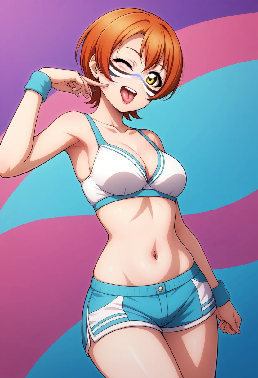 Masterpiece, sksrin, beautiful , facial details, 8k wallpaper, Rin Hoshizora Love Live, short hair, white gym bra, micro shorts , wrestling outfit,(lipstick:0.8), (face paint:1.2),Fascinated by her beauty ,wink, moist skin,thin waist ,short girl, skindentation , tongue out, open mouth 