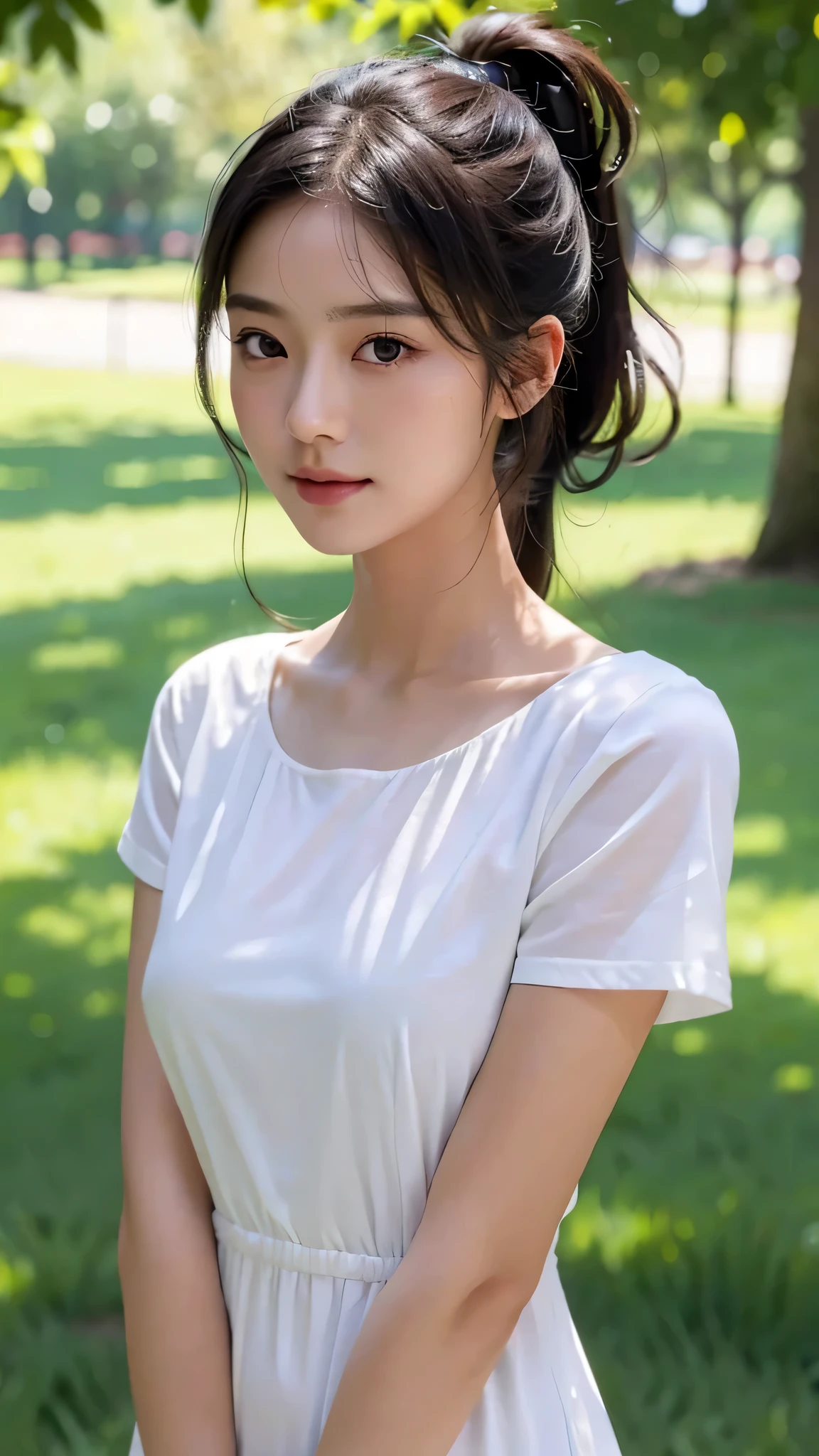 dress,outdoors,Urban Park,On the lawn,One woman,close up face,fully body photo,masutepiece, The highest image quality, High quality, the background is clear,Beautiful woman, Japanese, Detailed, Ultra-detailed, finely detail, hight resolution, 8K Wallpaper, Perfect dynamic composition, Beautiful detailed eyes ,Detailed eyes, Detailed skin, Beautiful skin, 超hight resolution, (reality: 1.4),Very beautiful woman, Slightly younger face, Beautiful skin, slender, (Ultra photo realsisim), (hight resolution), (8K), (Very detailed) (beautifully detailed eyes), (super detailed), (Detailed face), view the viewer, Fine details, Detailed face, Staring straight ahead, Staring straight ahead, photos realistic, Bright lighting, Professional Lighting, Black hair,poneyTail,a baby face,sixteen years old,Hairstyle: ponytail,Long ponytail hairstyle,slight smile,