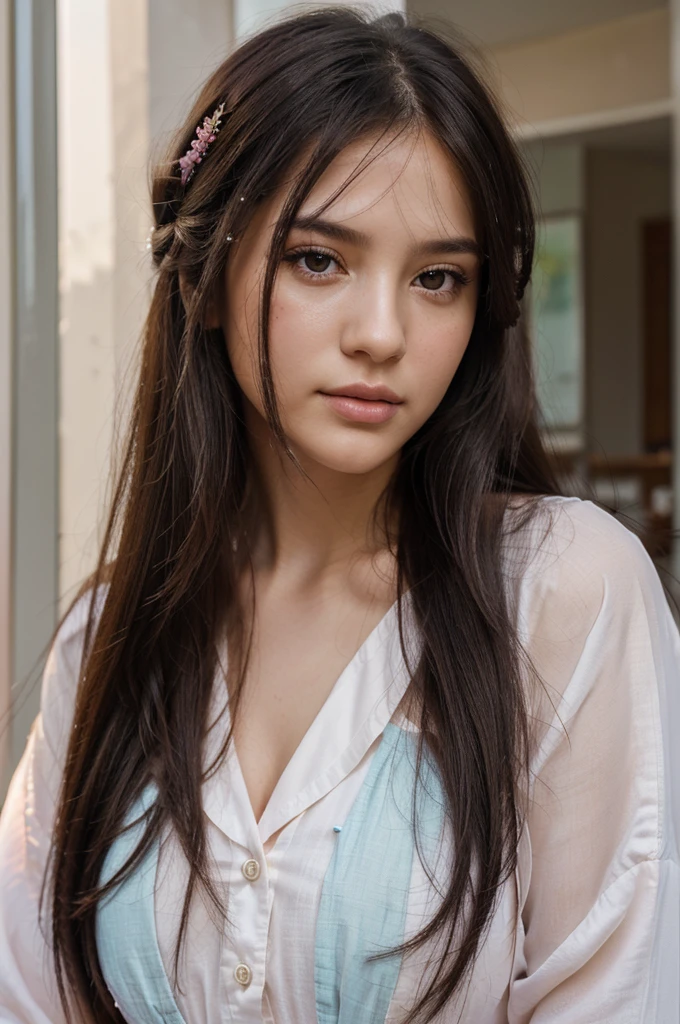 photorealisitic, Lip gloss, painting-like, realisitic, best qualityer, ultra high resolution, DeepL, pastel colored, natural shading, facefocus, face only, gazing at viewer, long hair, hair accessory, Bblack hair, brown, well-detailed eyes, don