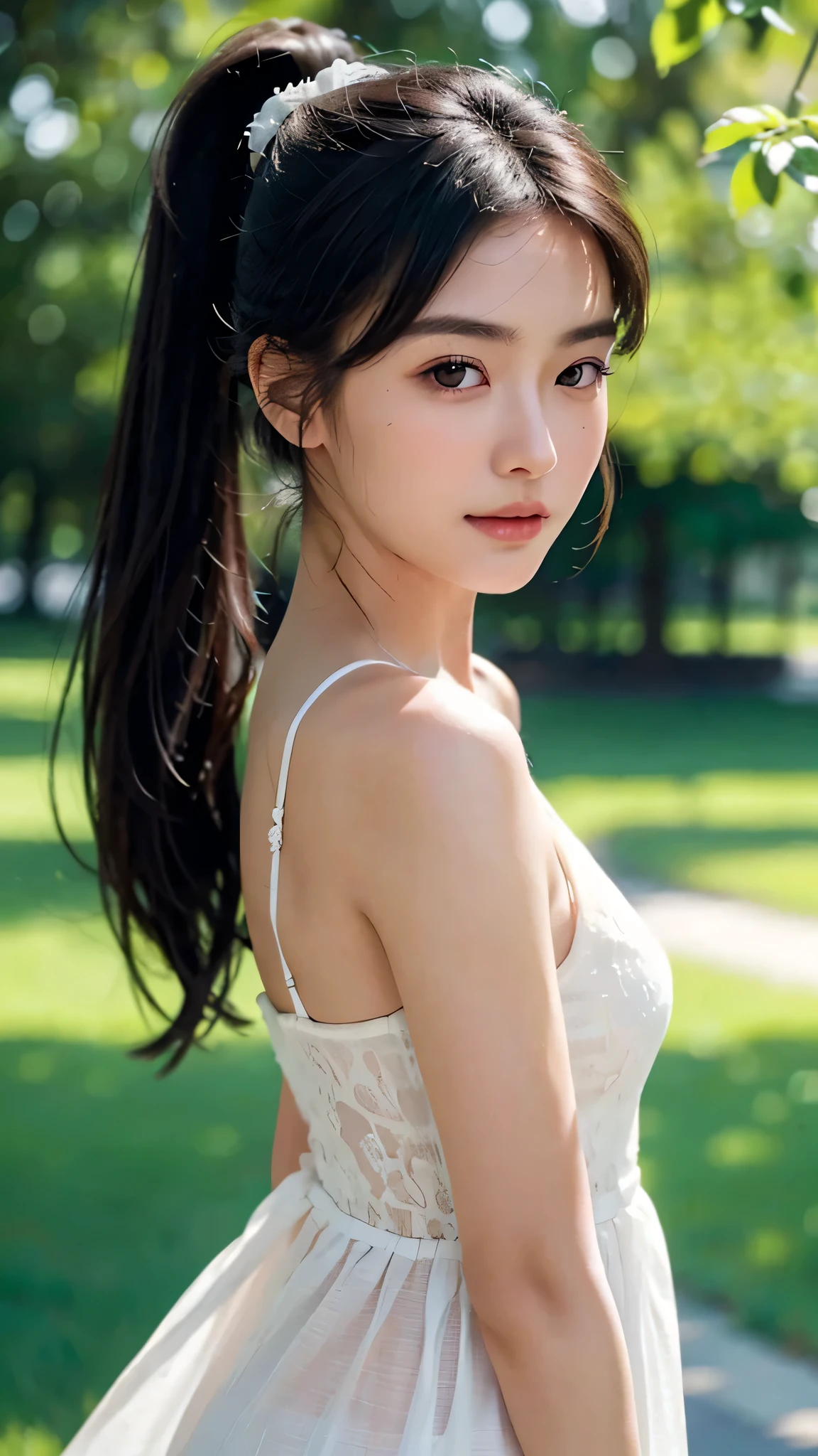 dress,outdoors,Urban Park,On the lawn,One woman,close up face,fully body photo,masutepiece, The highest image quality, High quality, the background is clear,Beautiful woman, Japanese, Detailed, Ultra-detailed, finely detail, hight resolution, 8K Wallpaper, Perfect dynamic composition, Beautiful detailed eyes ,Detailed eyes, Detailed skin, Beautiful skin, 超hight resolution, (reality: 1.4),Very beautiful woman, Slightly younger face, Beautiful skin, slender, (Ultra photo realsisim), (hight resolution), (8K), (Very detailed) (beautifully detailed eyes), (super detailed), (Detailed face), view the viewer, Fine details, Detailed face, Staring straight ahead, Staring straight ahead, photos realistic, Bright lighting, Professional Lighting, Black hair,poneyTail,a baby face,sixteen years old,Hairstyle: ponytail,Long ponytail hairstyle,slight smile,