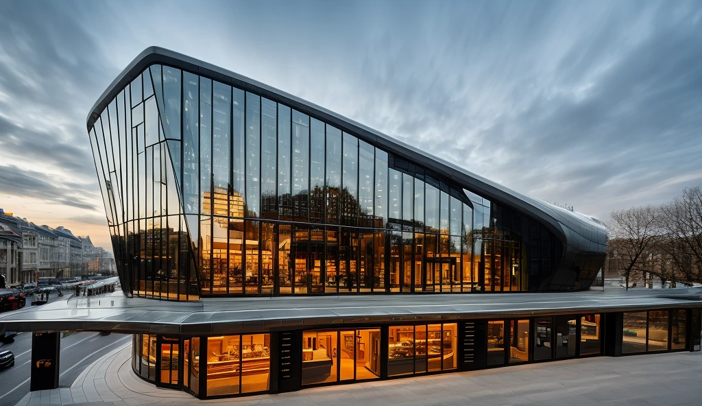 (coffee-house), style mordern, Zaha Hadid architer, inspired of Norman Forster, glass with steel frame facade, design, beautiful landscape, pavement,cars, RAW photo, 8k uhd, dslr, soft lighting, high quality, film grain, Fujifilm XT3,masterpiece,