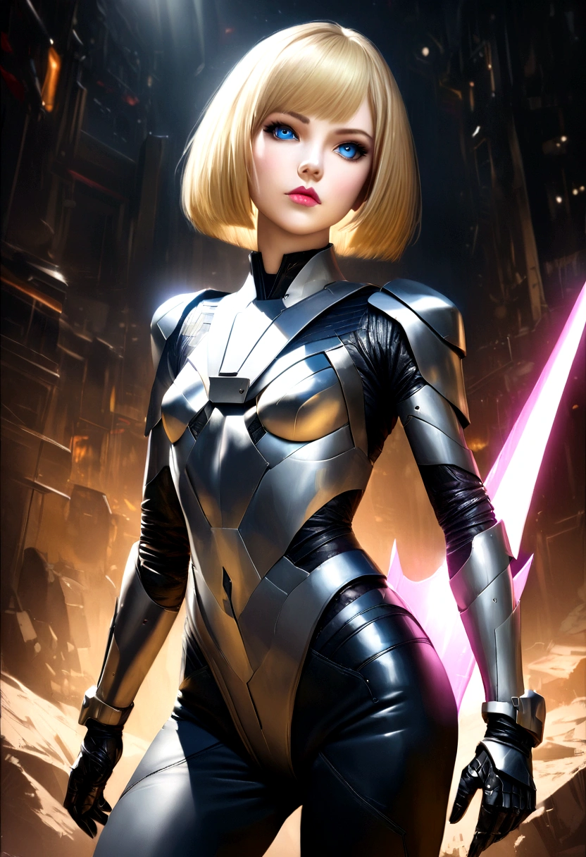 A short straight blonde haired british girl, bang, bob cut, blue eyes, 15 years, young, pale skin, slender body, small breast, tiny chest, Ultra high res, uhd, (photorealistic:1.4), doll-like face, futuristic armor, plasma sword