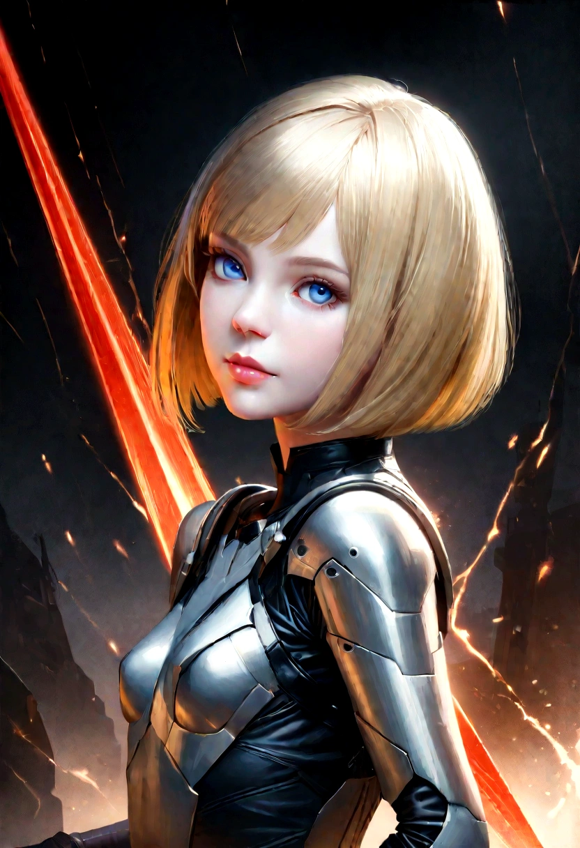 A short straight blonde haired british girl, bang, bob cut, blue eyes, , young, pale skin, slender body, small breast, tiny chest, Ultra high res, uhd, (photorealistic:1.4), doll-like face, futuristic armor, plasma sword