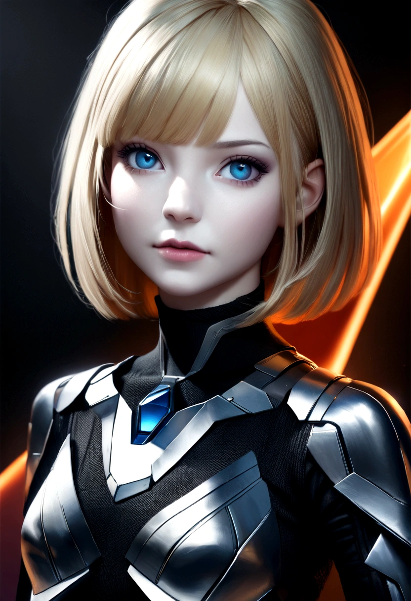 A short straight blonde haired british girl, bang, bob cut, blue eyes, 15 years, young, pale skin, slender body, small breast, tiny chest, Ultra high res, uhd, (photorealistic:1.4), doll-like face, futuristic armor, plasma sword