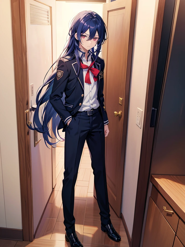anime boy in standing in front of a door, anime visual of a cool boy, anime moe artstyle, cool anime boy, smooth anime cg art, jk uniform, hanayamata, noire moody scene, an anime boy, by Jin Homura, anime best boy, anime boy with long hair, one red eye, one gold eye,